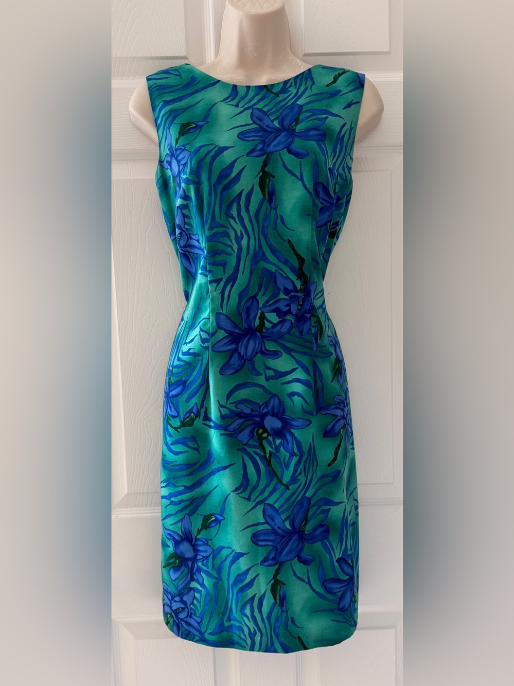 Dressbarn Y2K 🌴Tropical Floral Blue & Green Sleeveless Sheath Dress 6 *EUC*